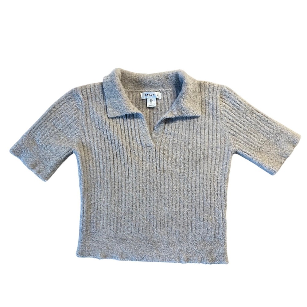Bailey 44 Fuzzy Polo Sweater Size L Ivory Cropped